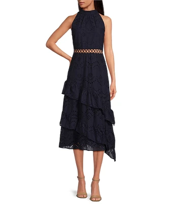 Sam Edelman Lace Eyelet halter Neck Sleeveless Cutout Asymmetrical Tiered Midi Dress