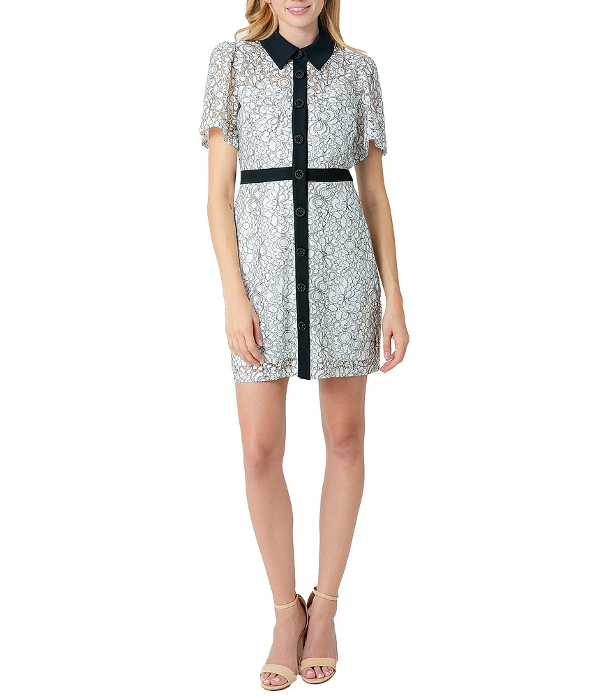 Sam Edelman Lace Point Collar Short Sleeve Contrast Trim Shirt Mini Dress