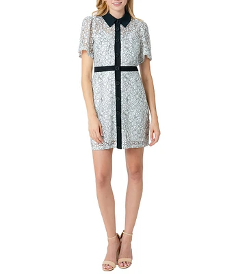Sam Edelman Lace Point Collar Short Sleeve Contrast Trim Shirt Mini Dress