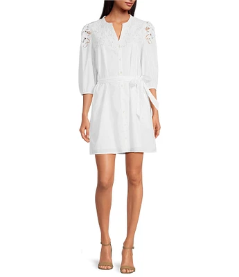Sam Edelman Laine Banded Collar 3/4 Sleeve Tie Belt Shirt Dress