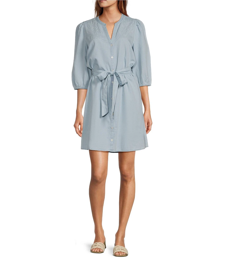 Sam Edelman Laine Banded Split V-Neck 3/4 Sleeve Tie Belt A-Line Dress