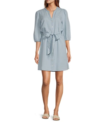 Sam Edelman Laine Banded Split V-Neck 3/4 Sleeve Tie Belt A-Line Dress