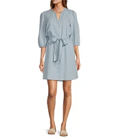 Sam Edelman Laine Banded Split V-Neck 3/4 Sleeve Tie Belt A-Line Dress