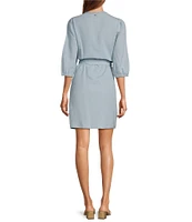 Sam Edelman Laine Banded Split V-Neck 3/4 Sleeve Tie Belt A-Line Dress