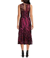 Sam Edelman Leaf Print Illusion Round Neck Sleeveless Ruffle Hem Midi Dress