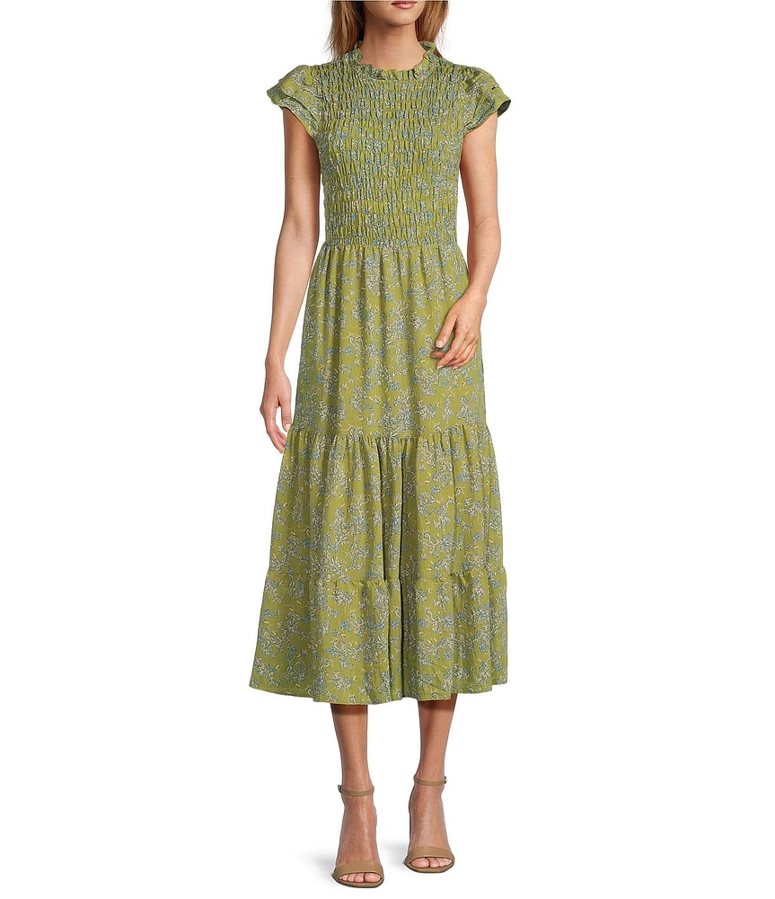 Sam Edelman Matilda Chiffon Round Neck Ruffle Sleeve Smocked Tiered Midi A-Line Dress