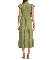Sam Edelman Matilda Chiffon Round Neck Ruffle Sleeve Smocked Tiered Midi A-Line Dress