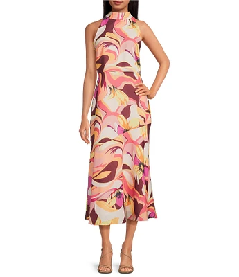 Sam Edelman Mock Neck Sleeveless Abstract Floral Printed Chiffon Sheath Midi Dress
