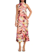 Sam Edelman Mock Neck Sleeveless Abstract Floral Printed Chiffon Sheath Midi Dress