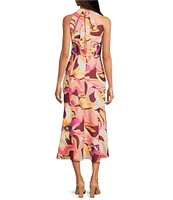 Sam Edelman Mock Neck Sleeveless Abstract Floral Printed Chiffon Sheath Midi Dress