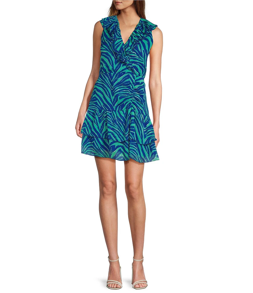 Sam Edelman Printed Ruffle V-Neck Sleeveless Tiered Mini Dress