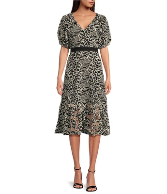 Sam Edelman Printed V-Neck Artisanal Puff Sleeves Fit & Flare Midi Dress