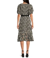 Sam Edelman Printed V-Neck Artisanal Puff Sleeves Fit & Flare Midi Dress