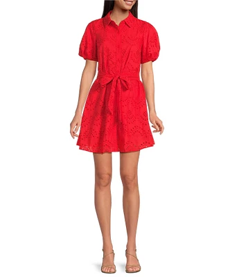 Sam Edelman Puff Sleeve Eyelet Button Front Shirt Dress