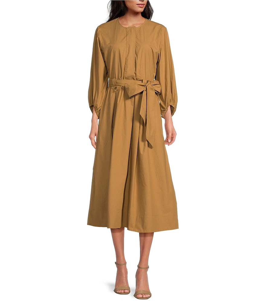 Sam Edelman Ronan Crew Neckline 3/4 Puff Sleeve Tie Waist Midi Dress