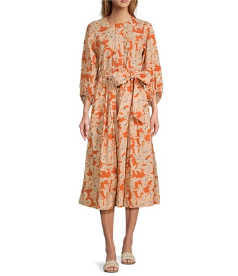 Sam Edelman Ronan Printed Crew Neckline 3/4 Puff Sleeve Tie Waist Midi Dress