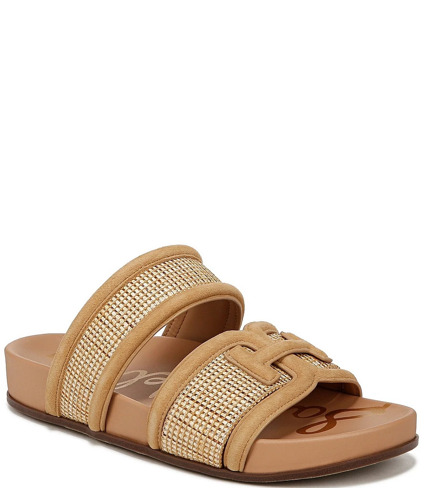 Sam Edelman Rowan Suede Double Banded Raffia Logo Detail Slide Sandals