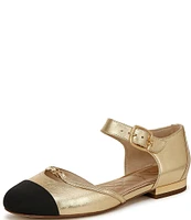 Sam Edelman Rylie Metallic Leather Fabric Cap Toe Buckle Mary Jane Flats