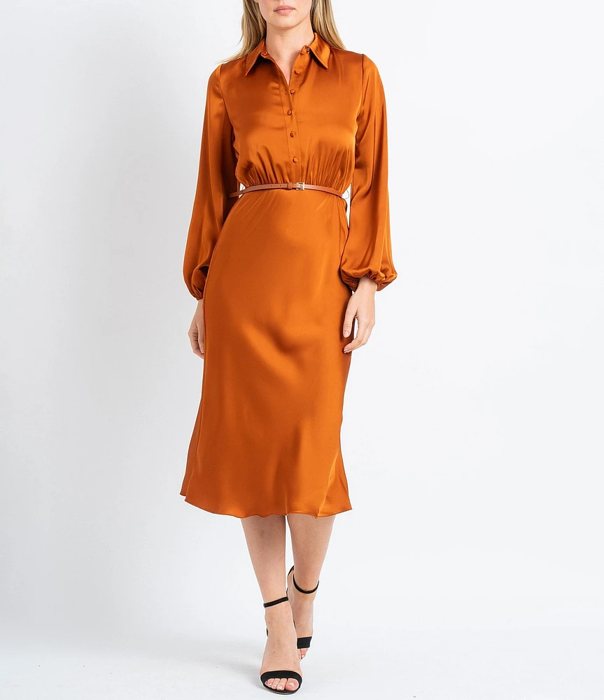 Sam Edelman Satin Button Front Collar Neck Long Sleeve Belted Midi Dress