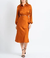 Sam Edelman Satin Button Front Collar Neck Long Sleeve Belted Midi Dress