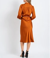 Sam Edelman Satin Button Front Collar Neck Long Sleeve Belted Midi Dress