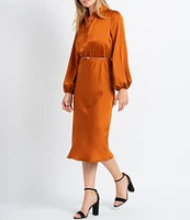 Sam Edelman Satin Button Front Collar Neck Long Sleeve Belted Midi Dress