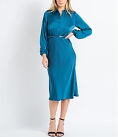 Sam Edelman Satin Button Front Collar Neck Long Sleeve Belted Midi Dress