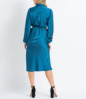 Sam Edelman Satin Button Front Collar Neck Long Sleeve Belted Midi Dress