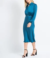 Sam Edelman Satin Button Front Collar Neck Long Sleeve Belted Midi Dress