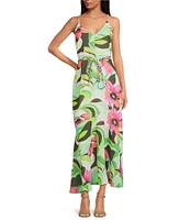 Sam Edelman Sleeveless V-Neck Palm Royal Floral Print Fit And Flare Maxi Dress