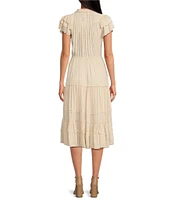 Sam Edelman Split Tie Crew Neck Short Ruffle Sleeve Tiered Midi Dress