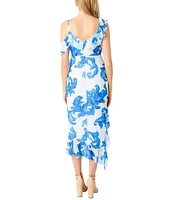 Sam Edelman Swirl Print V Neck Sleeveless Ruffle Asymmetrical Hem Slip Midi Dress
