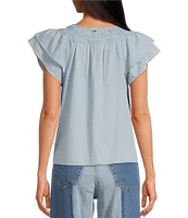Sam Edelman Tabitha Split V-Neck Short Ruffle Sleeve Top