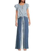 Sam Edelman Tabitha Split V-Neck Short Ruffle Sleeve Top