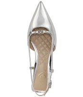 Sam Edelman Toni Mirror Metallic Kitten Heel Slingback Logo Detailed Pumps