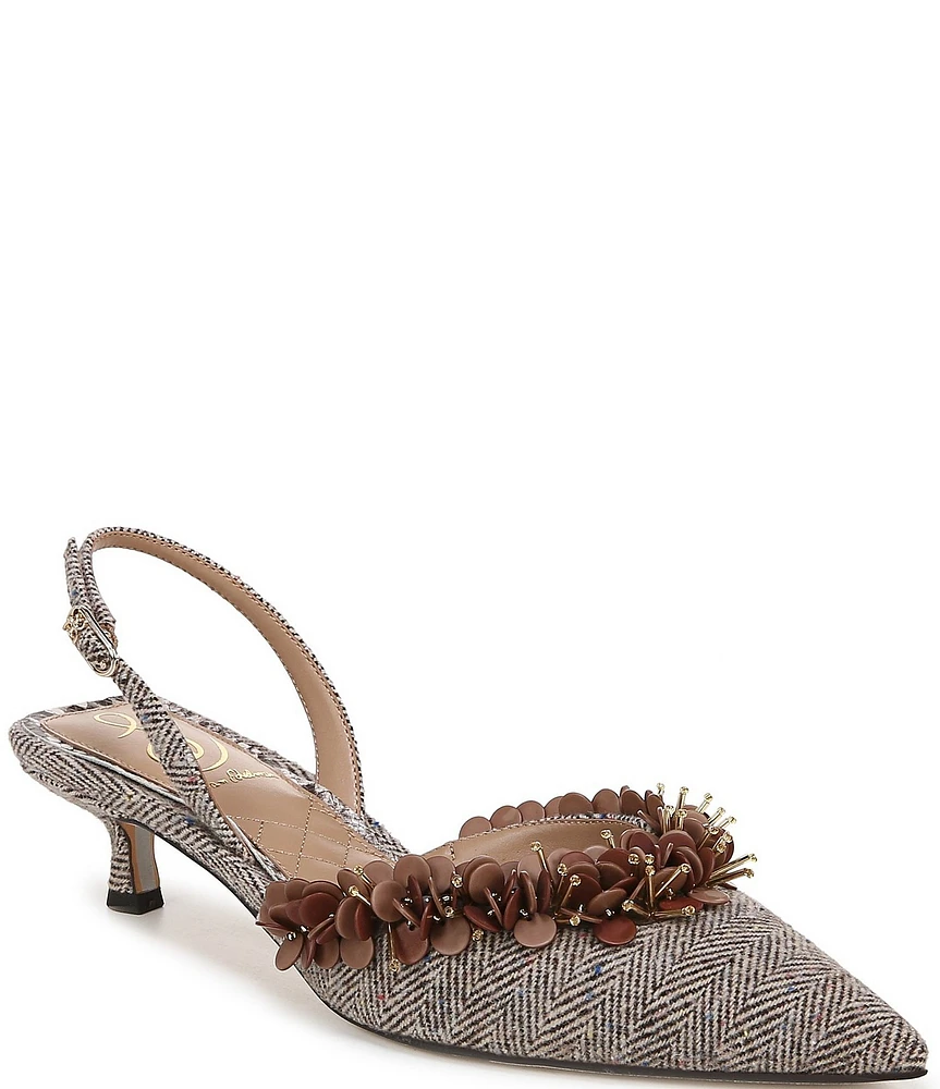 Sam Edelman Trent Herringbone Beaded Kitten Heel Slingback Pumps