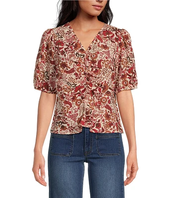 Sam Edelman V-Neck Short Sleeve Shirred Shirt