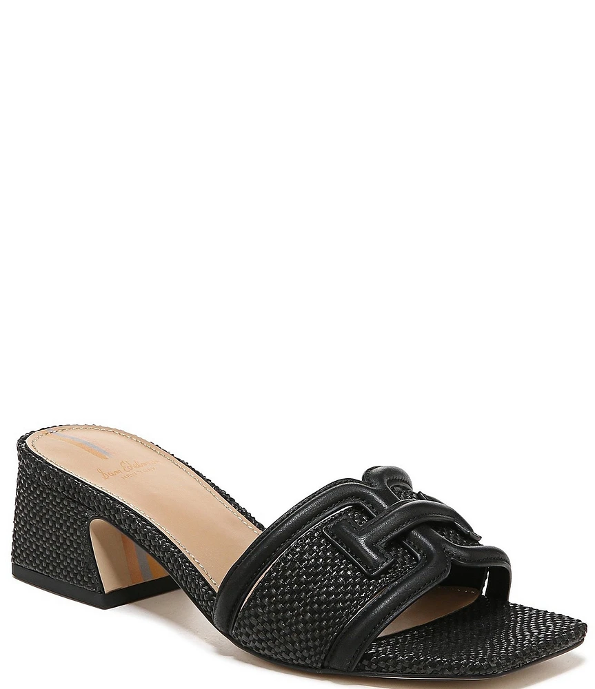 Sam Edelman Waylon Leather and Raffia Double E Detail Slide Sandals