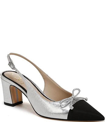 Sam Edelman Willette Leather Fabric Cap Toe Bow Detail Slingback Pumps