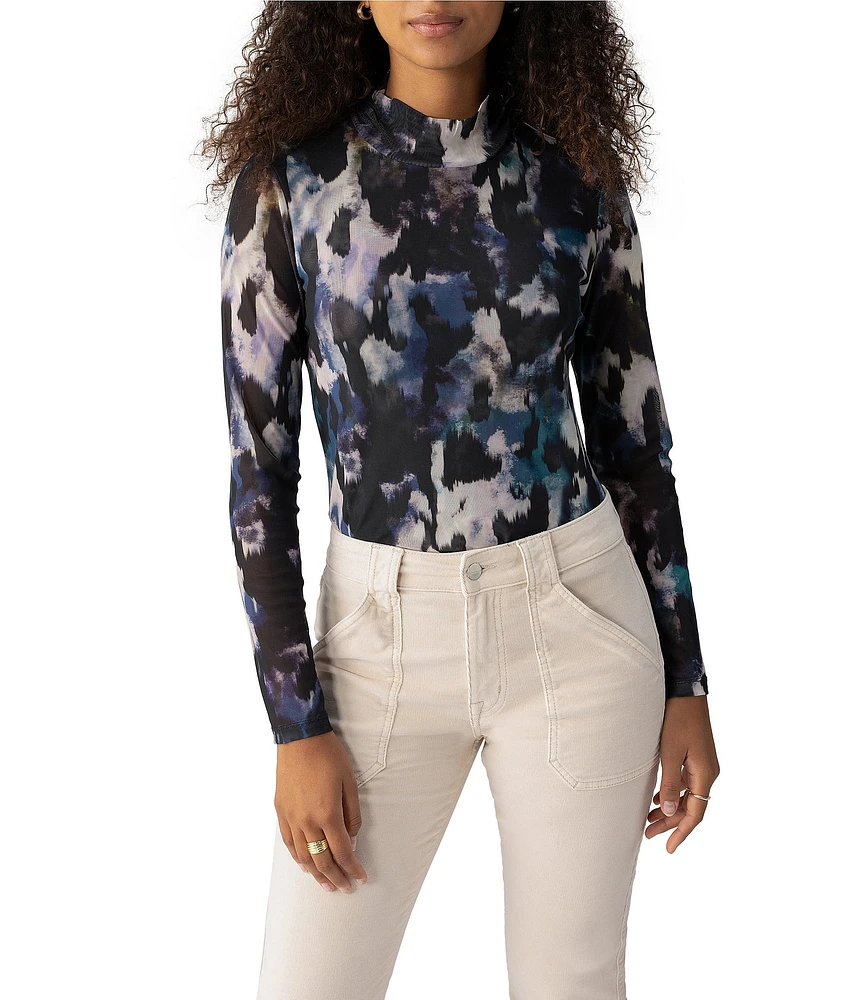 Sanctuary Abstract Print Mesh Mock Neck Long Sleeve Top