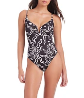 Sanctuary Beach Conversation Printed V-Wire Neck Lace-Up Back One Piece Swimsuit