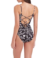 Sanctuary Beach Conversation Printed V-Wire Neck Lace-Up Back One Piece Swimsuit
