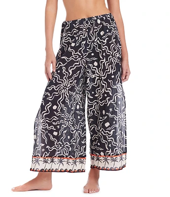 Sanctuary Beach Conversation Printed Wide Leg Side Slit Pull-On Swim Cover-Up Pants