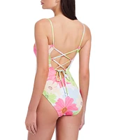 Sanctuary Charming Floral Lace-Up V-Wire Neck One Piece Swimsuit