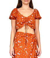 Sanctuary Drawing Closer Floral Print Textured Woven Drawstring Front V-Neck Short Puff Sleeve Cropped Coordinating Top