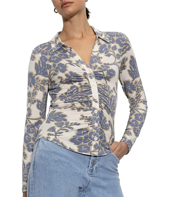 Sanctuary Dreamgirl Floral Print Stretch Jersey Point Collar Long Sleeve Fitted Top