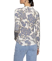 Sanctuary Dreamgirl Floral Print Stretch Jersey Point Collar Long Sleeve Fitted Top