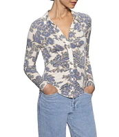 Sanctuary Dreamgirl Floral Print Stretch Jersey Point Collar Long Sleeve Fitted Top
