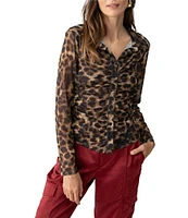 Sanctuary Dreamgirl Leopard Print Mesh Point Collar Neck Long Sleeve Ruched Button Front Top