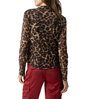 Sanctuary Dreamgirl Leopard Print Mesh Point Collar Neck Long Sleeve Ruched Button Front Top